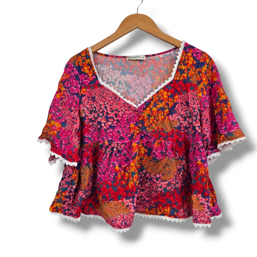 Rusttydustty Floral Babydoll Top XL Pink Orange V-Neck Crochet Lace Trim Blouse